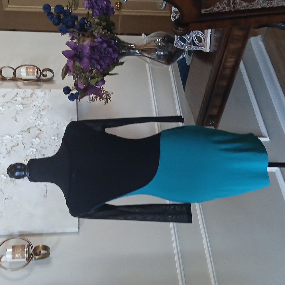 Frederick's of Hollywood Cocktail Teal Sheer Illusions Mini Dress. Size M - Picture 7 of 17